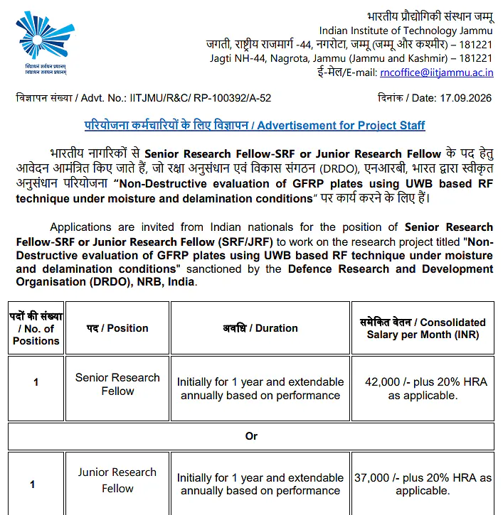 Senior Research Fellow (SRF) / Junior Research Fellow (JRF) Recruitment 2026 at IIT Jammu – DRDO Sponsored Research Project