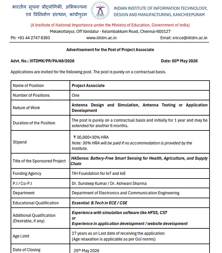 IIITDM Kancheepuram Recruitment 2026 - Project Associate Vacancy