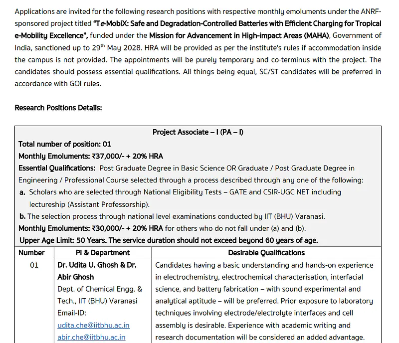IIT (BHU) Varanasi Recruitment 2026 - Project Associate-I