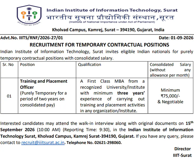 Training and Placement Officer Recruitment 2026 at IIIT Surat – Temporary Contractual Position