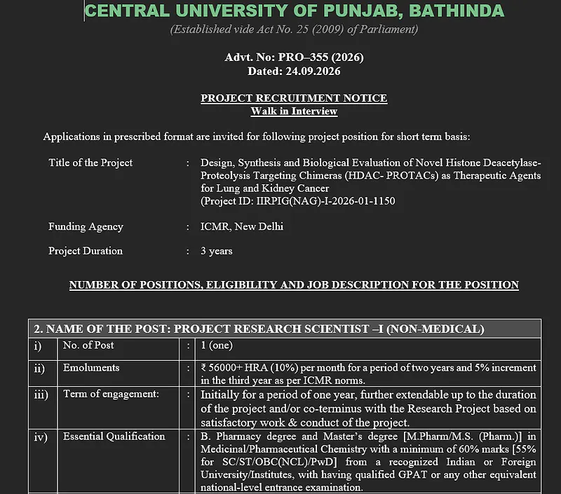 Project Research Scientist-I (Non-Medical) Recruitment 2026 at Central University of Punjab, Bathinda