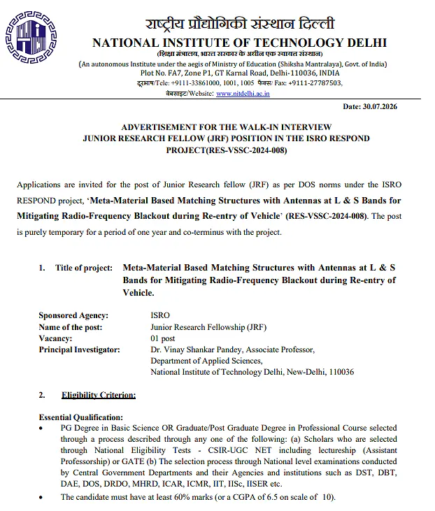 NIT Delhi Junior Research Fellow Recruitment 2026