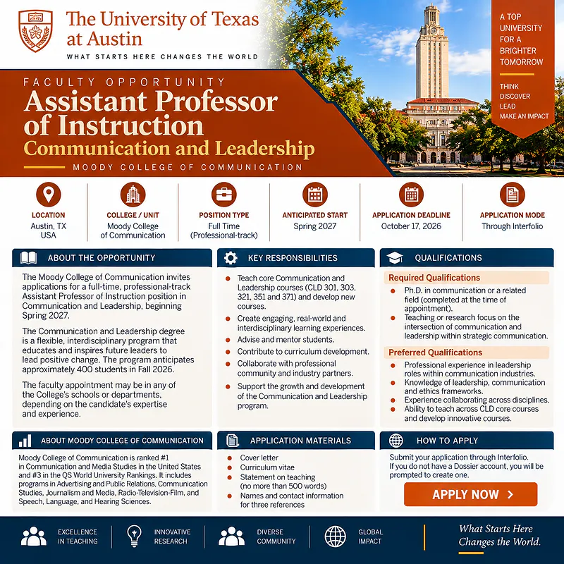 Assistant Professor of Instruction, Communication and Leadership – The University of Texas at Austin