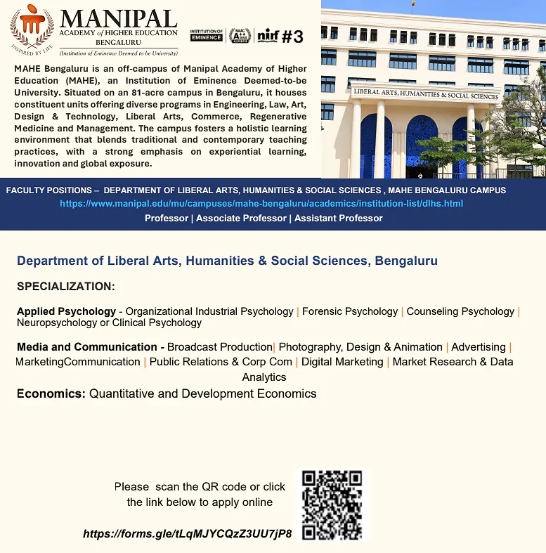  MAHE Bengaluru Faculty Recruitment 2026