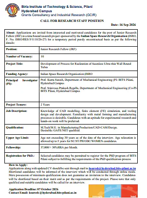 Junior Research Fellow (JRF) Recruitment 2026 at BITS Pilani Hyderabad – ISRO Sponsored Research Project