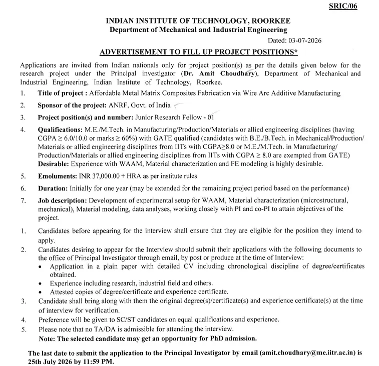 IIT Roorkee JRF Recruitment 2026 – Apply for ANRF Funded Project in Mechanical & Industrial Engineering