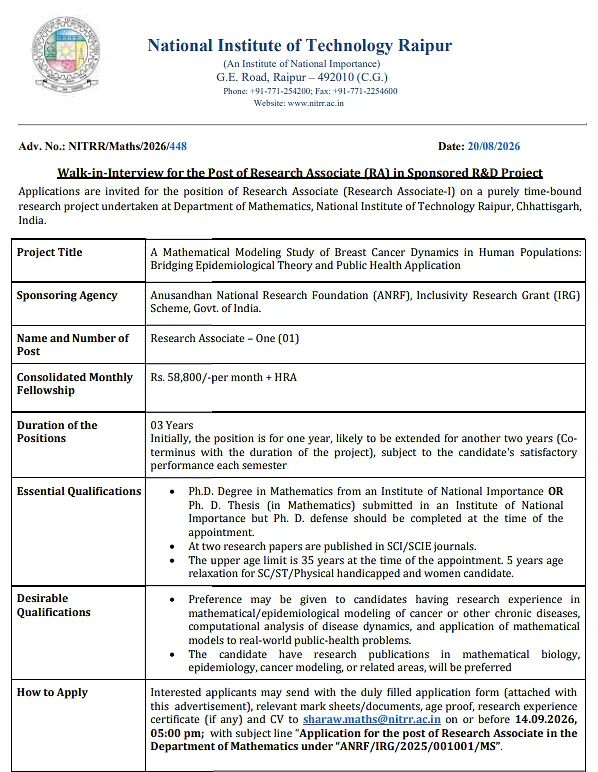  NIT Raipur Research Associate-I Recruitment 2026 – ANRF Project