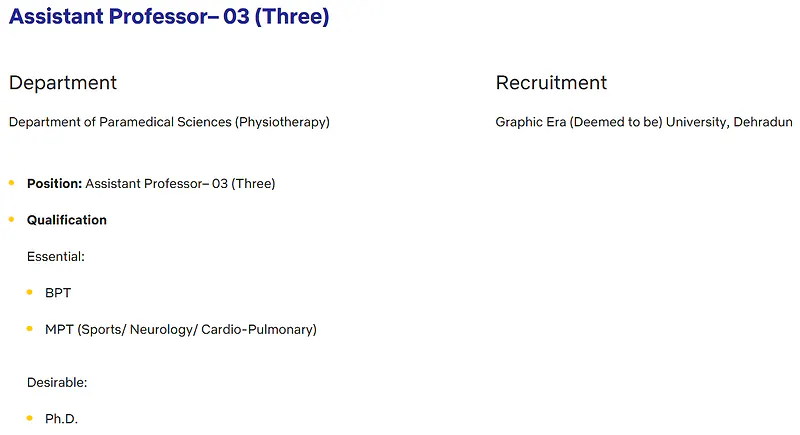Assistant Professor Recruitment – Physiotherapy – Graphic Era (Deemed to be) University