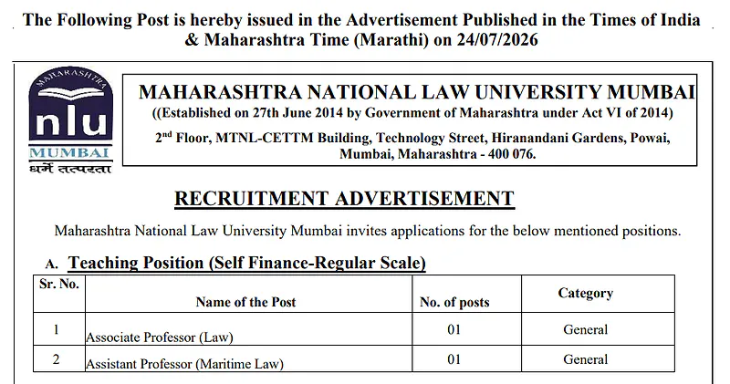 MNLU Mumbai Faculty Recruitment 2026