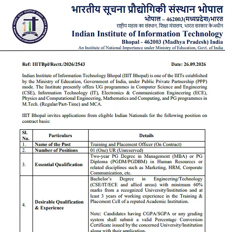 Training and Placement Officer Recruitment 2026 – IIIT Bhopal