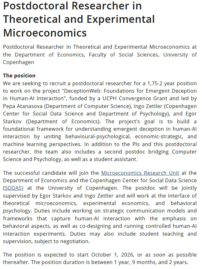 University of Copenhagen Recruitment 2026 | Postdoctoral Researcher in Theoretical and Experimental Microeconomics
