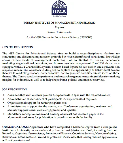 IIM Ahmedabad Research Assistant Recruitment 2026 – NSE Centre for Behavioural Science