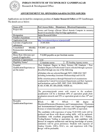 IIT Gandhinagar Junior Research Fellow (JRF) Recruitment 2026 – Electrical Engineering Project