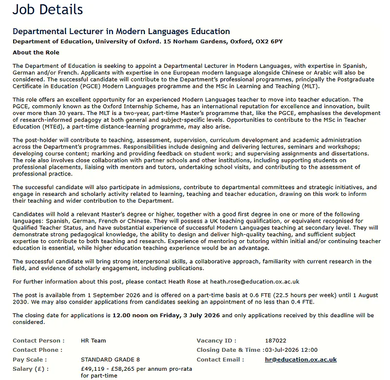 Departmental Lecturer in Modern Languages Education Recruitment 2026 at the University of Oxford