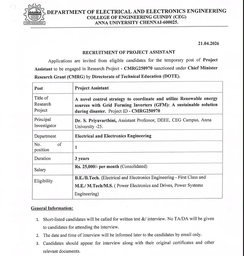 Project Assistant Recruitment 2026 – Anna University (CEG, Chennai)