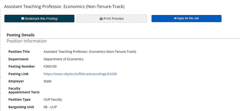 Assistant Teaching Professor, Economics (Non-Tenure-Track) – University at Buffalo, SUNY