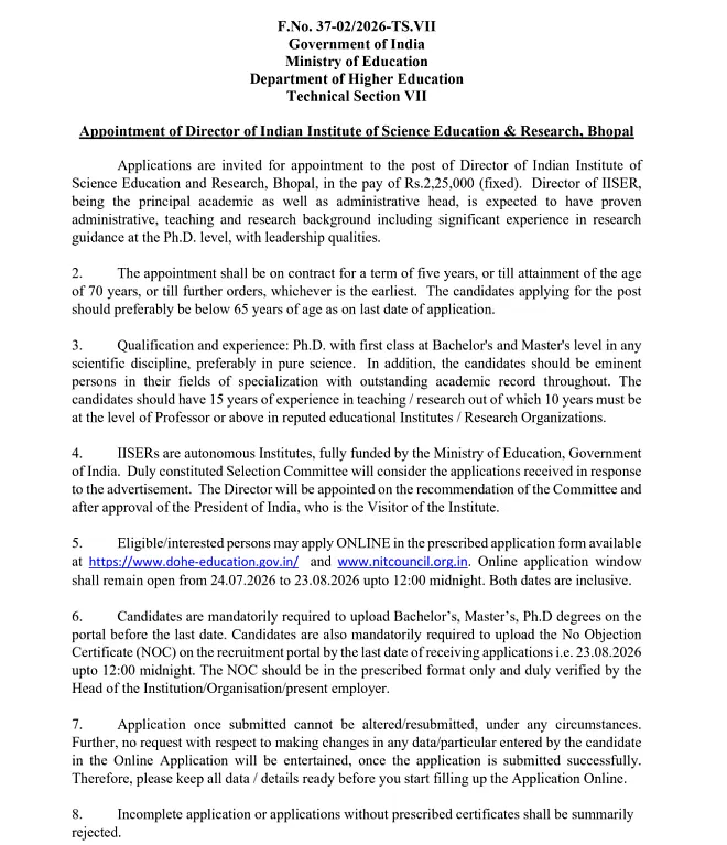 Ministry of Education Invites Applications for Director, IISER Bhopal