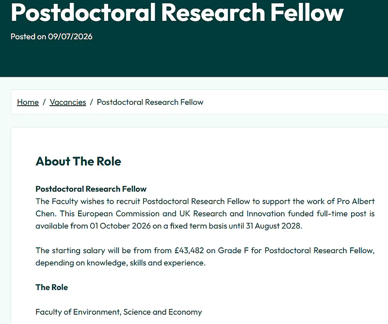 University of Exeter Postdoctoral Research Fellow Recruitment 2026