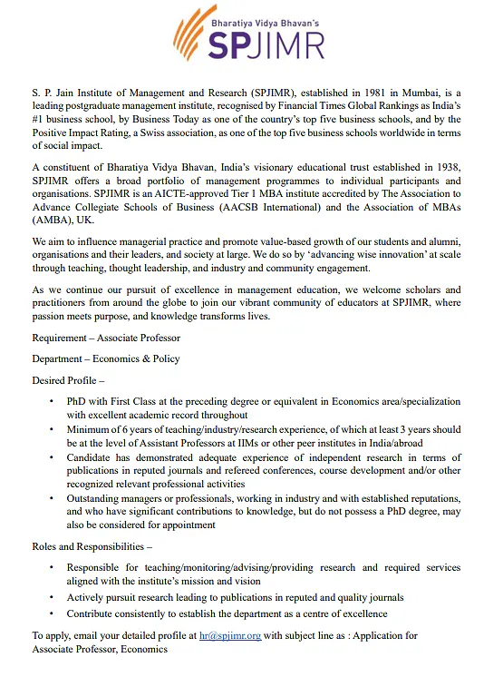SPJIMR Associate Professor Recruitment in Economics & Policy