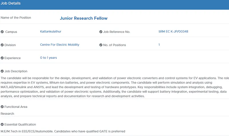 SRM Institute of Science and Technology Invites Applications for Junior Research Fellow Position