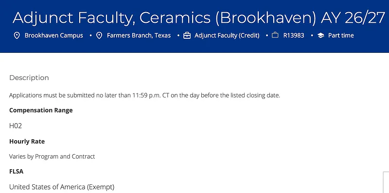 Adjunct Faculty, Ceramics (Brookhaven) AY 26/27 – Dallas College