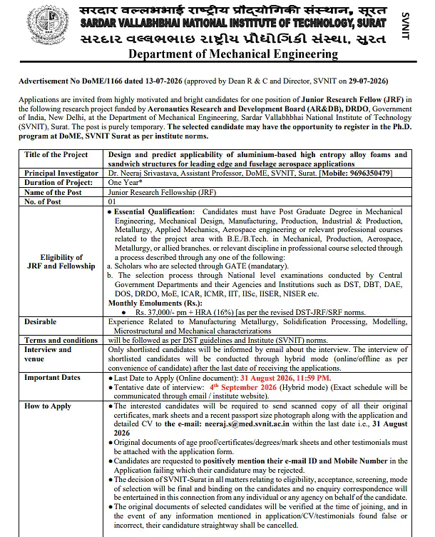 SVNIT Surat JRF Recruitment 2026 in Mechanical Engineering