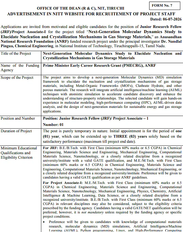 NIT Tiruchirappalli Recruitment 2026: Apply for Junior Research Fellow (JRF) / Project Associate-I under ANRF Project