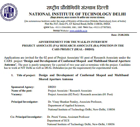 Project Associate & Research Associate Recruitment 2026 at NIT Delhi – DRDO CARS Antenna Research Project