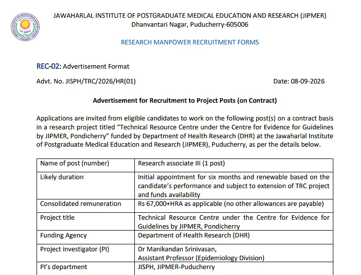 JIPMER Research Associate-III Recruitment 2026 – Contract Project Position
