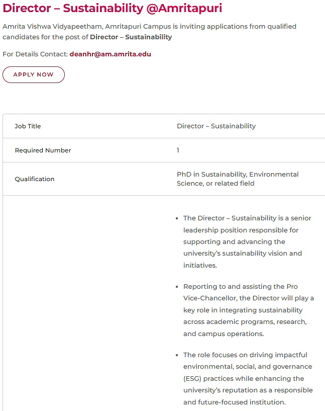 Director – Sustainability Recruitment 2026 at Amrita Vishwa Vidyapeetham – Amritapuri Campus