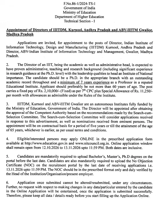 Director Recruitment 2026 at IIITDM Kurnool and ABV-IIITM Gwalior – Ministry of Education