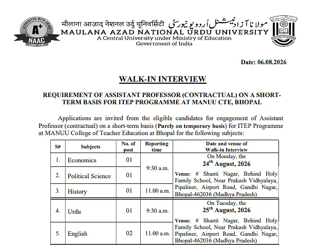 MANUU Assistant Professor Recruitment 2026: Walk-In Interviews for ITEP Programme