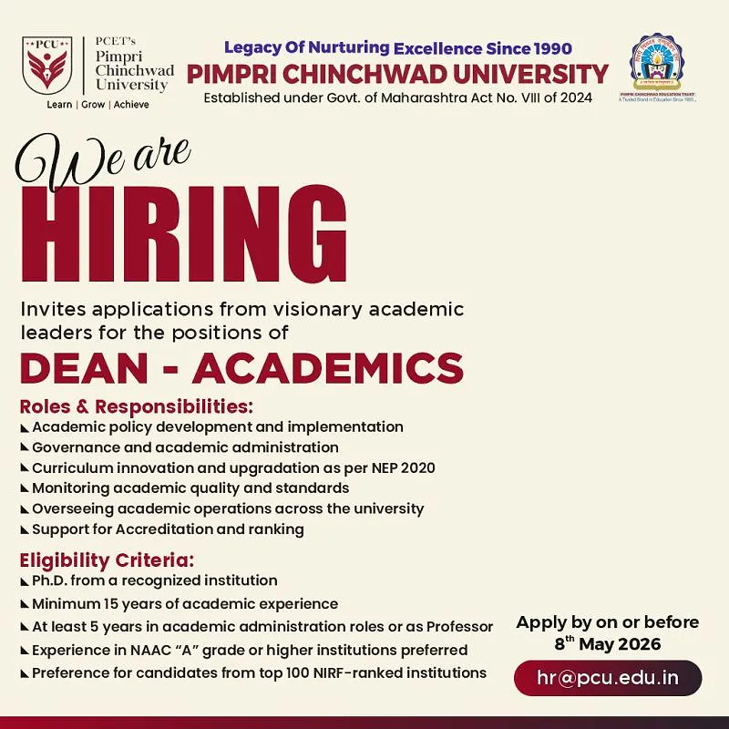 Pimpri Chinchwad University (PCU) Recruitment 2026: Dean - Academics