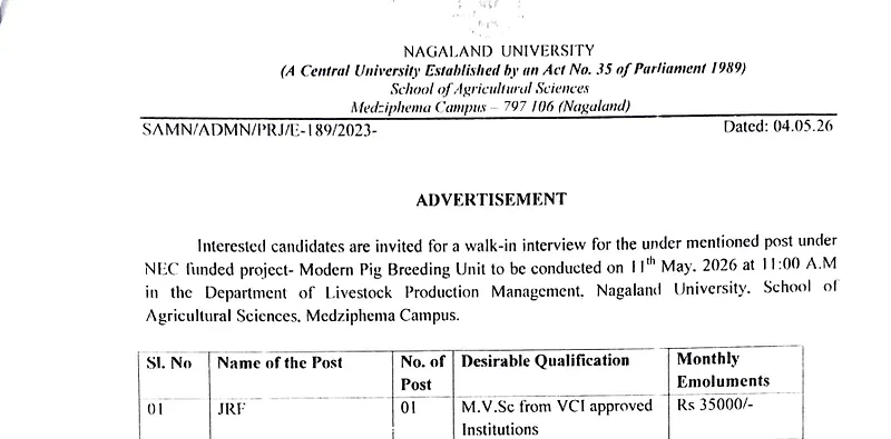Nagaland University Recruitment 2026  - Junior Research Fellow (JRF) 