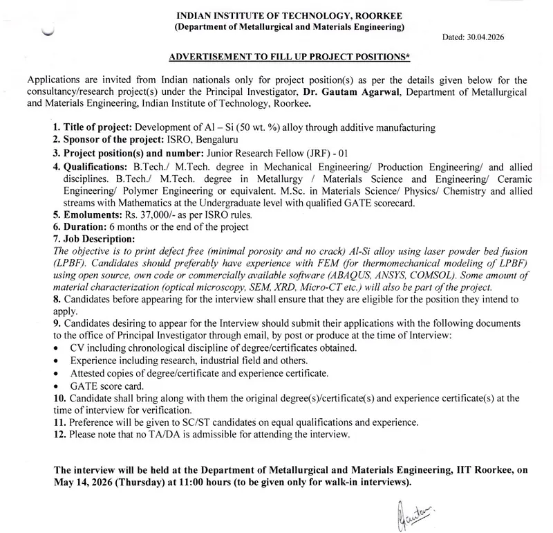 Junior Research Fellow (JRF) - Indian Institute of Technology Roorkee