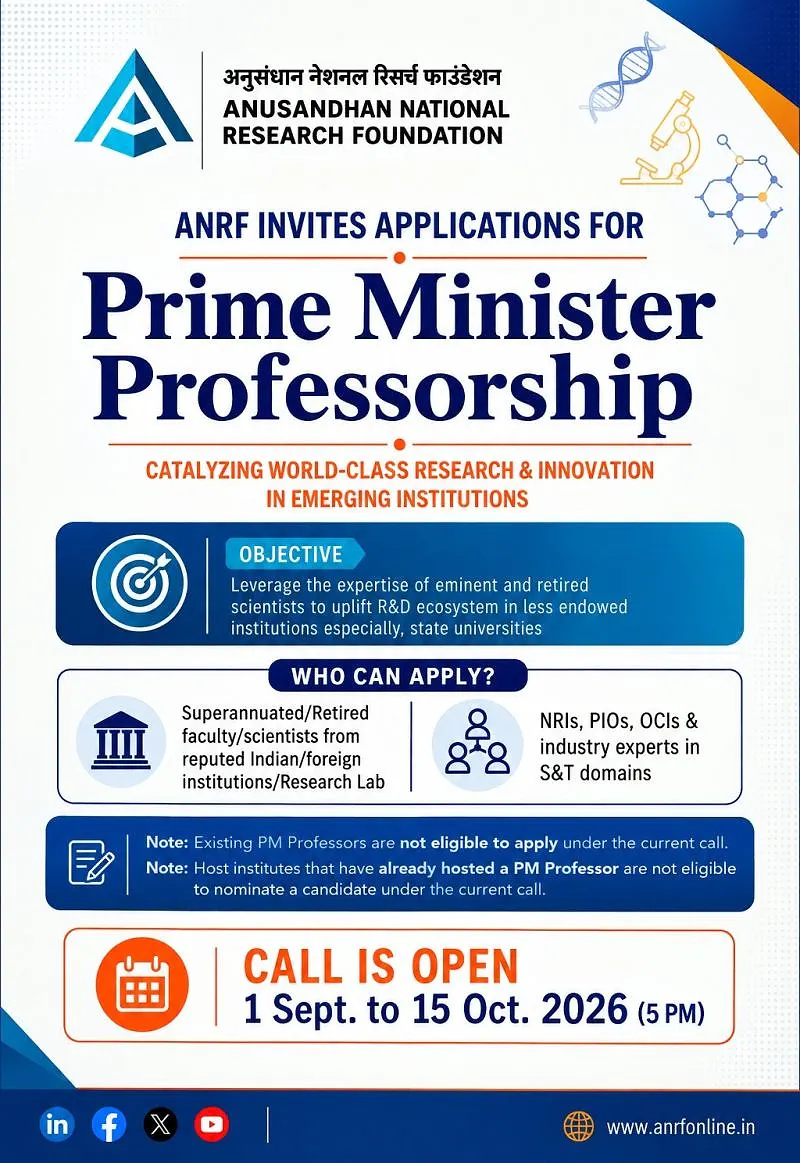 ANRF Launches Prime Minister Professorship 2026 to Strengthen Research Ecosystems in State Universities