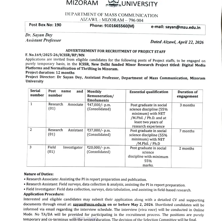Research Staff Recruitment 2026: Mizoram University