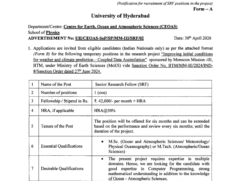 University of Hyderabad Recruitment 2026: SRF Position