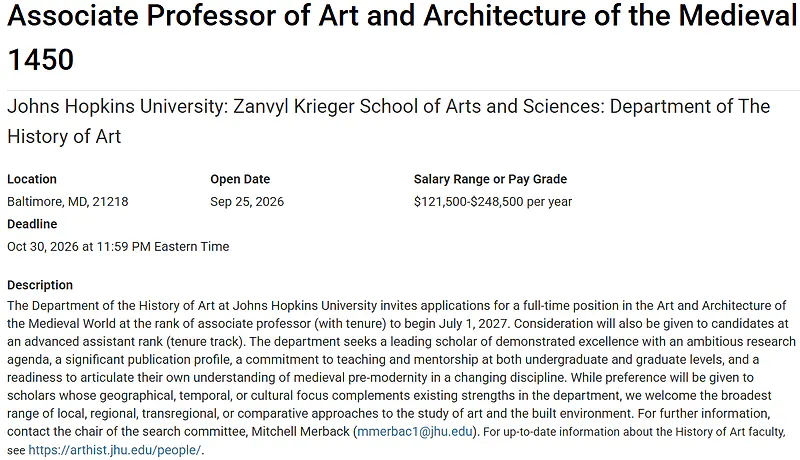 Associate Professor of Art and Architecture of the Medieval World – Johns Hopkins University