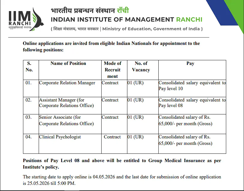 IIM Ranchi Non-Teaching Recruitment 2026: Apply Online for Administrative & Professional Posts