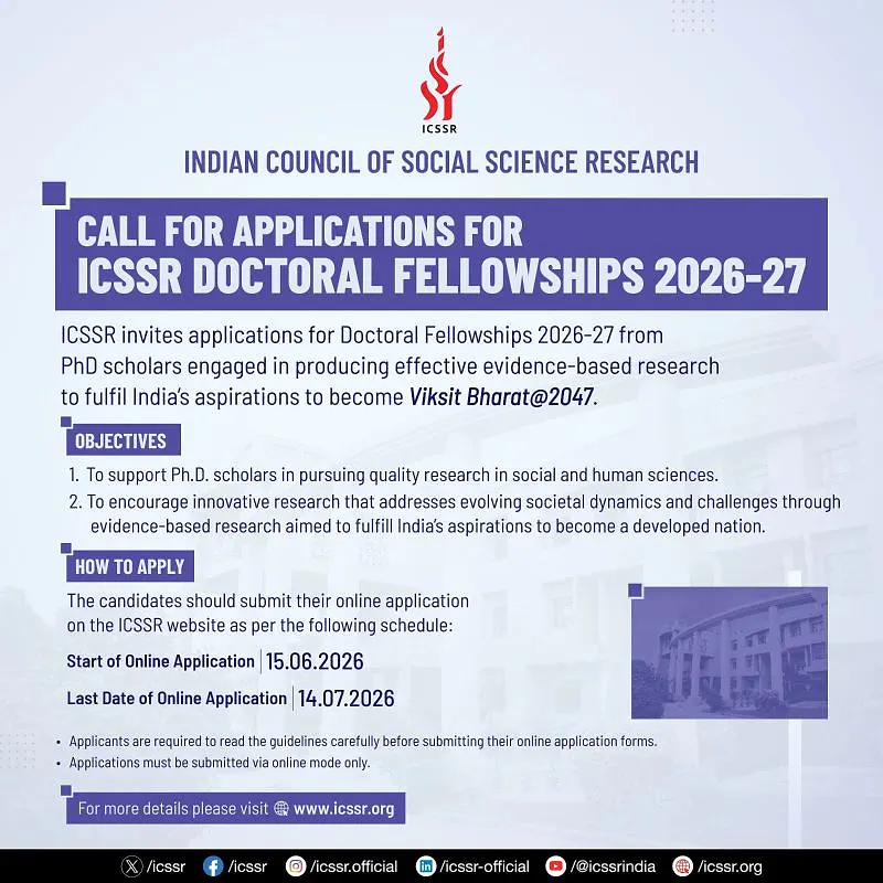 ICSSR Doctoral Fellowships 2026–27: Applications Invited for Full-Time Ph.D. Scholars