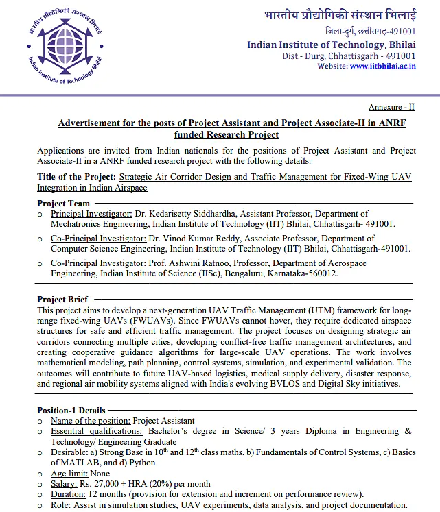 IIT Bhilai Recruitment 2026: Apply for Project Assistant & Project Associate-II Positions Under ANRF-Funded Research Project