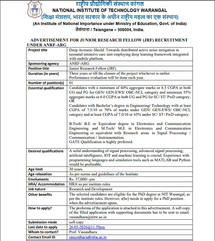 JRF Recruitment 2026 – National Institute of Technology Warangal