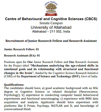 JRF & Research Assistant Recruitment 2026 at University of Allahabad – DST-CSRI Funded Project