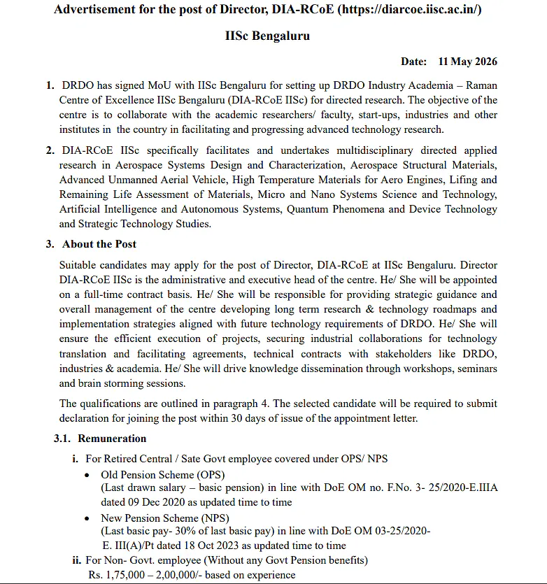 IISc Bengaluru Recruitment 2026  Director Recruitment 