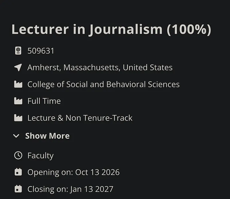 Faculty Opportunity: Lecturer in Journalism – University of Massachusetts Amherst