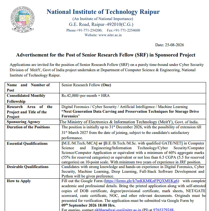 Senior Research Fellow Recruitment 2026 at NIT Raipur – MeitY-Funded Cyber Security & Digital Forensics Project