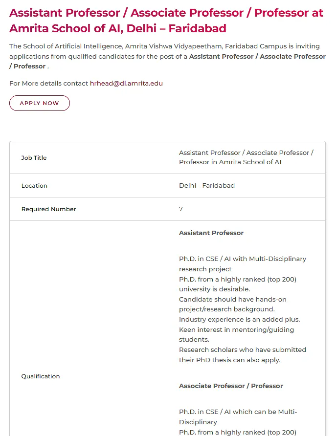 Faculty Recruitment 2026 | Amrita School of AI, Delhi–Faridabad Campus