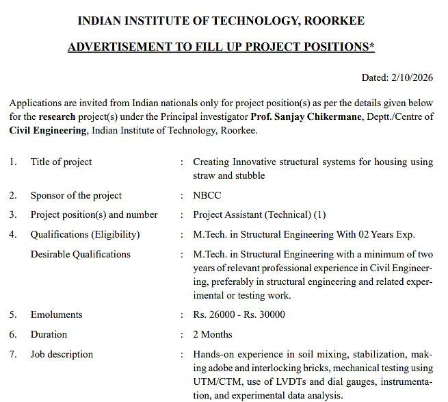 Project Assistant (Technical) Recruitment 2026 at IIT Roorkee – Civil Engineering