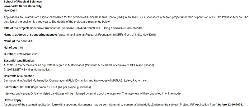 Junior Research Fellow (JRF) Recruitment 2026 at Jawaharlal Nehru University – Mathematics / Computational Fluid Dynamics